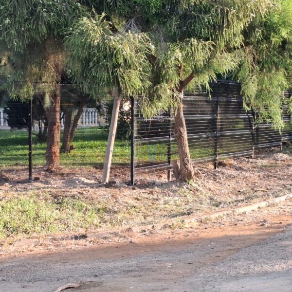 Black clearview mesh fence panels running between trees on a Norton residential boundary